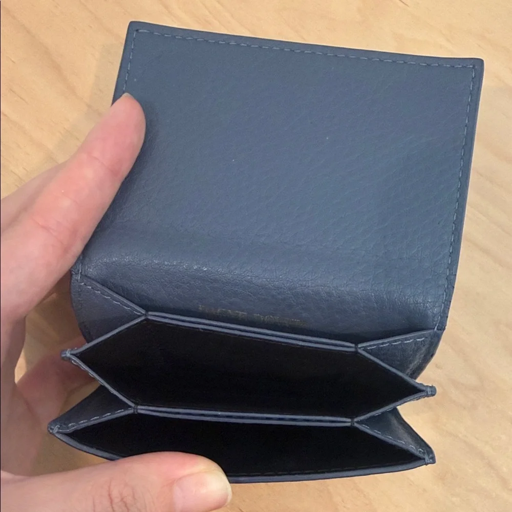 Dagne Dover Blue Leather Card Accordion Holder with Gold Emblem